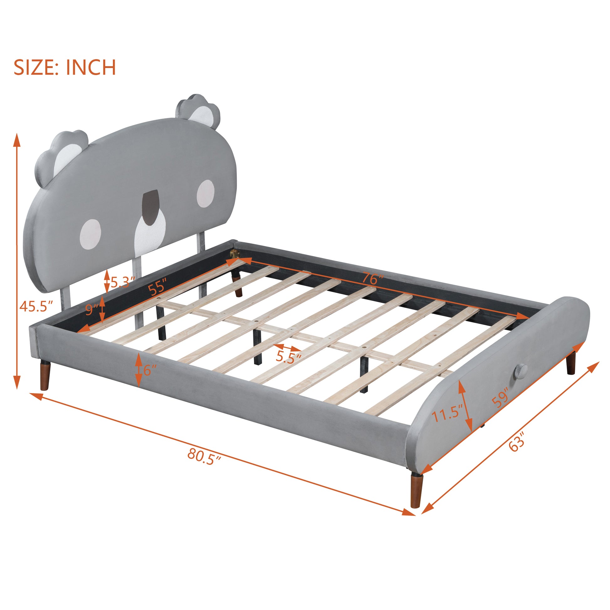 Full Size Upholstered Platform Bed with Koala-Shaped Headboard, Gray