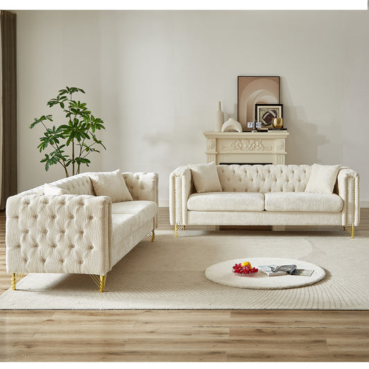 Chenille Pull Buckle Design Sofa for Living Room,Buttons Tufted With Copper Nail Decoration Armrest, Modern Couch Upholstered Button And Metal Legs