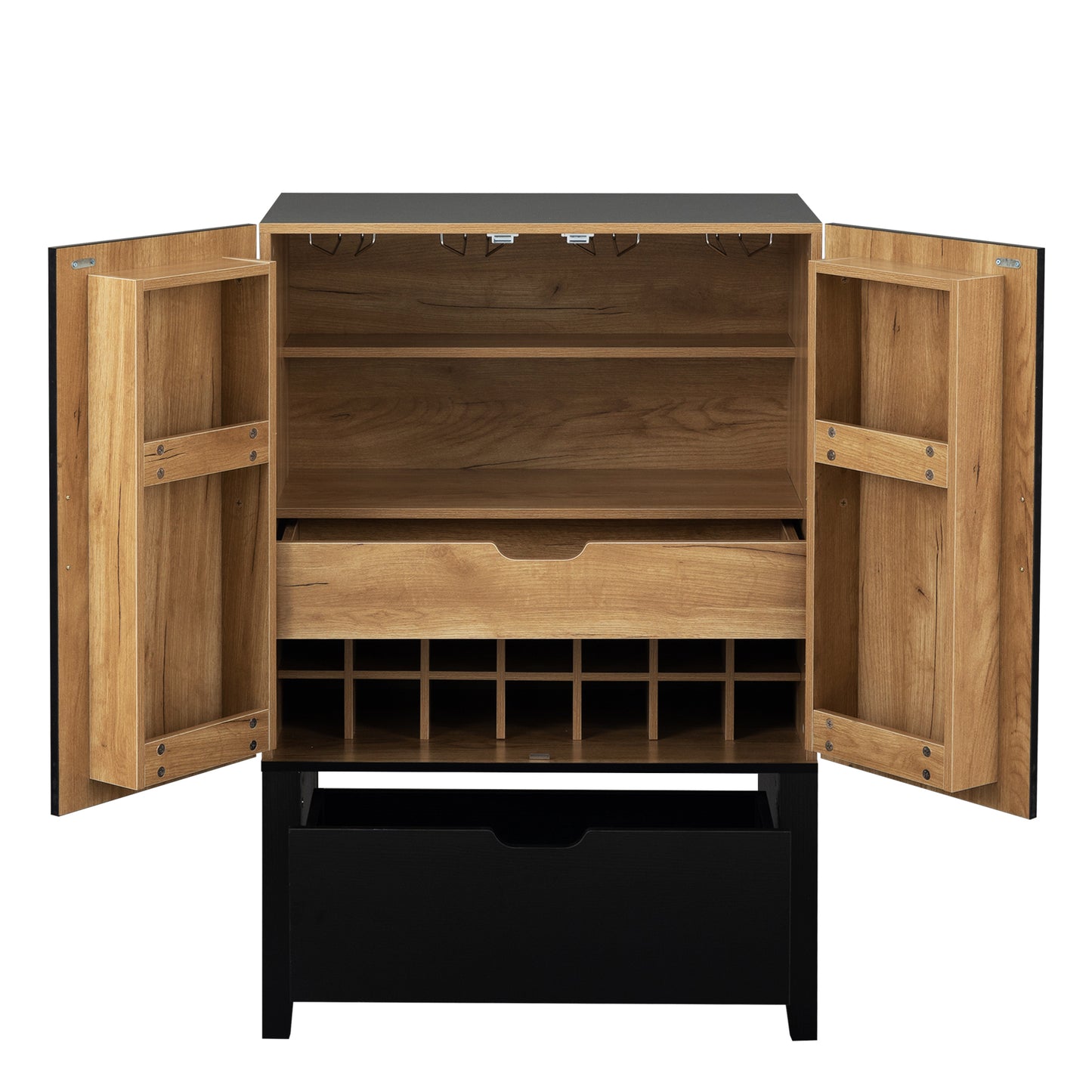 Lockers,side cabinets,Wine Bar Cabinet,Liquor Storage Credenza,Sideboard with Wine Racks & Stemware Holder,Wine glass holder,Metal handle, placed in family bars,hallways,living rooms,Color:black+Brown