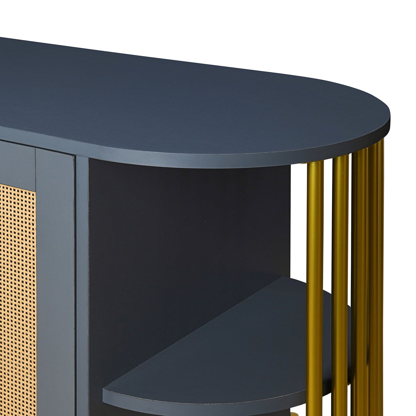 TREXM 2-Door Elegant Curved Dining Cabinet with Gold Trim and Woven Rattan Doors for Dining Room (Dark Gray)