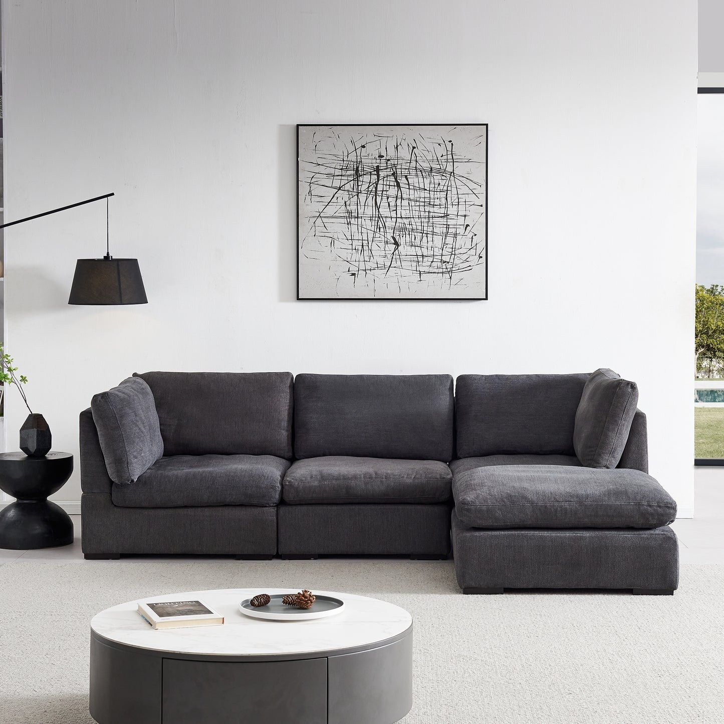 L Shape Modular Soft Fabric Sofa Filled with Down (Dark Grey)