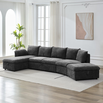 146.9" L-shaped Sofa Sectional Sofa Couch Pull-out Sofa Bed with a Movable Storage Ottoman, a Storage Chaise Lounge and Two USB Ports for Living Room, Grey