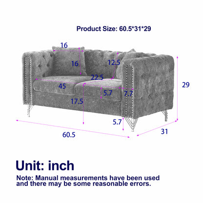 Chenille Pull Buckle Design Sofa for Living Room,Buttons Tufted With Copper Nail Decoration Armrest, Modern Couch Upholstered Button And Metal Legs