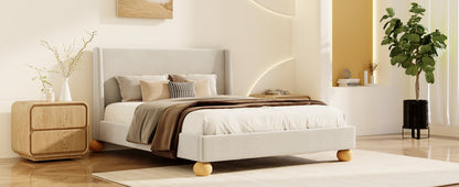 Modern Velvet Upholstered Platform Bed with Wingback Headboard and Round Wooden Legs, Cream,Queen Size(old sku:BS531851AAC)