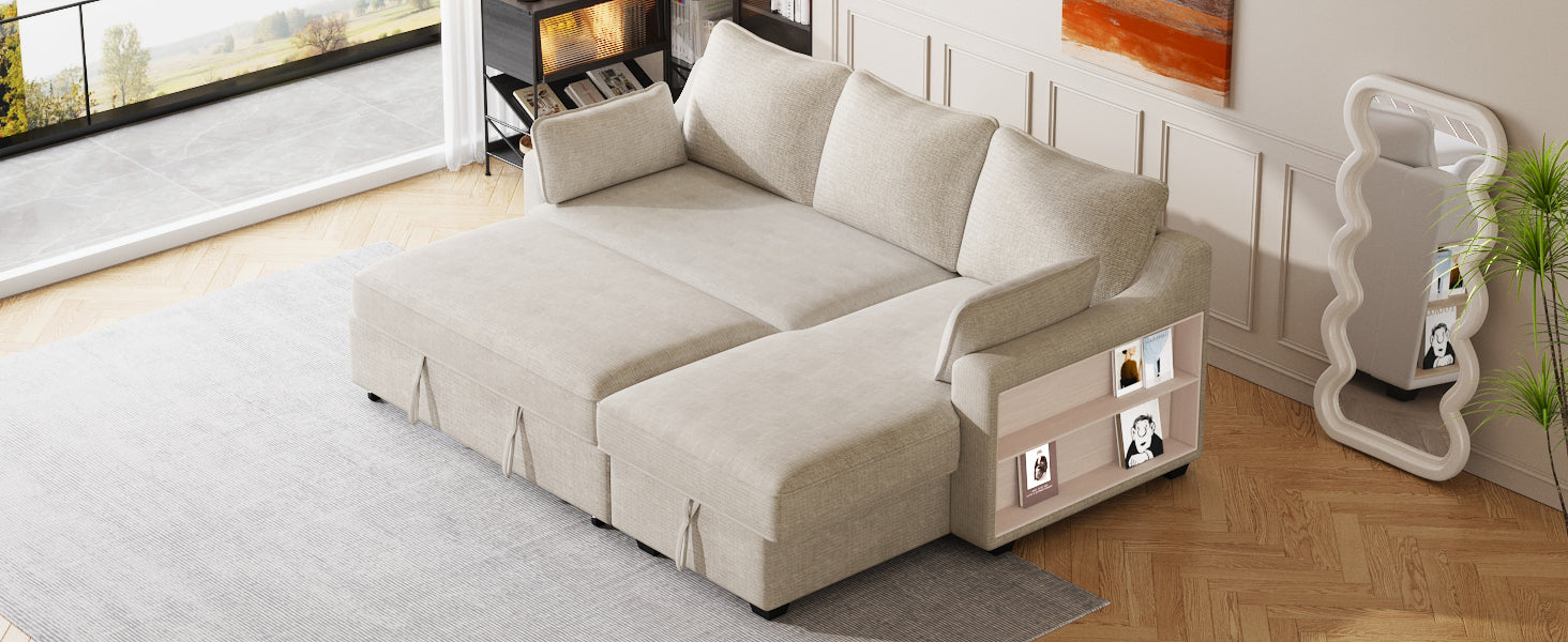 90" Pull Out Sleeper Sofa L-Shaped Couch Convertible Sofa Bed with Storage Chaise, Storage Racks and USB Ports (SG001340AA), Beige