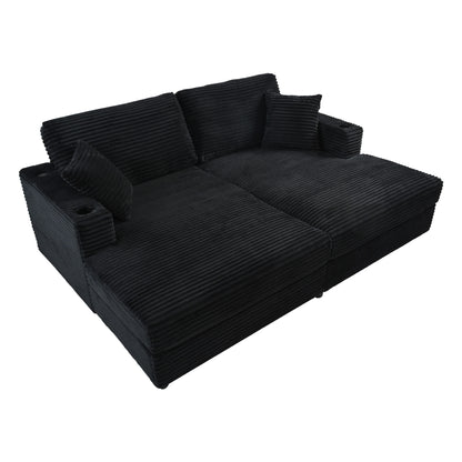 86.5" Oversized Loveseat Chaise Lounge Sectional Sofa Bed Corduroy Sleeper Sofa with Two USB Ports , Two Cup Holders and Two Throw Pillows for Living Room and Bedroom, Black