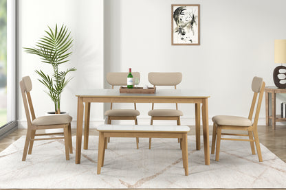 6-piece Dining Table Set, One Table One Bench and Four Chairs, High Gloss White Tabletop With Light Oak Color