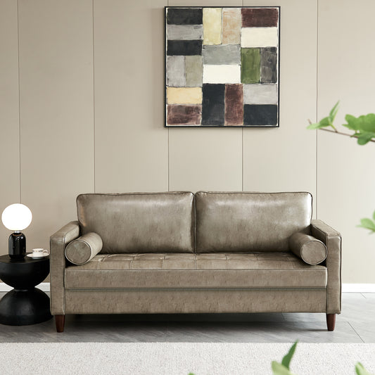 Modern Mid-Century Vegan Leather Sofa （Khaki）