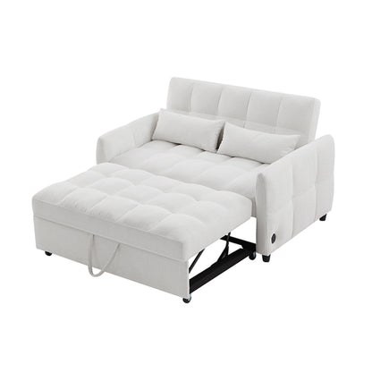 52.8" Loveseat Sofa Pull-out Sofa Bed Tufted Sleeper Sofa with an Adjustable Backrest, Three USB Ports and Two Lumbar Pillows for Living Room, Beige