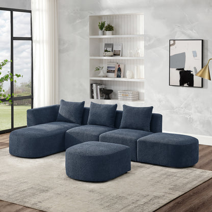 L Shape Sectional Sofa including Two Single Seats, Left Side Chaise and Two Ottomans, Modular Sofa, DIY Combination, Loop Yarn Fabric, Navy