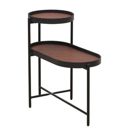 Modern 2-Tier Brown Side Table for Living Room Black Metal Frame with Wood & PU Tray End Tables for Sofa