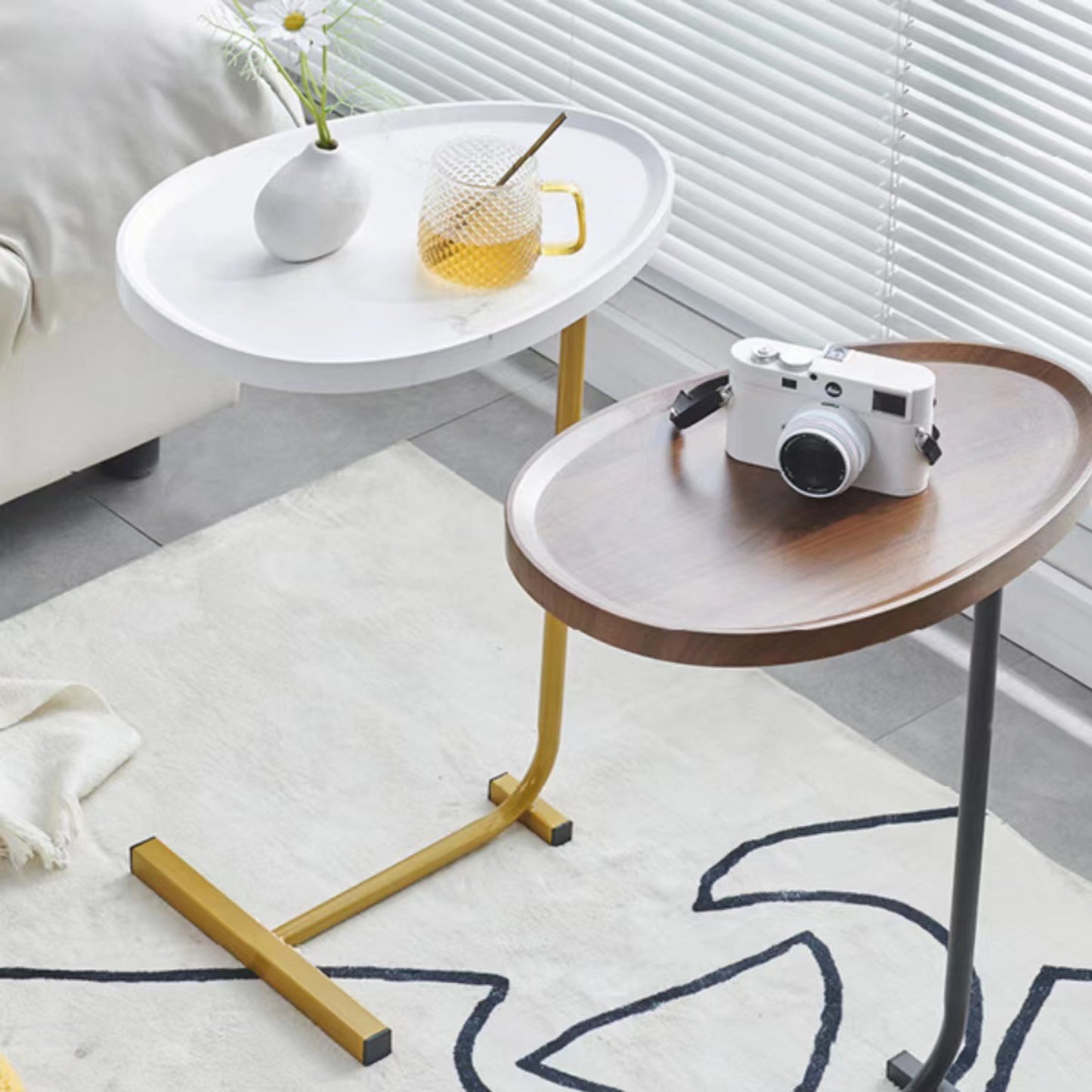 2-pieces White C-shaped Side Table, C Shaped End Table, Side Table for Couch and Bed, Small Side Table for Small Spaces