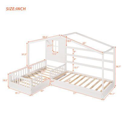 Wood House Bed Twin Size, 2 Twin Solid Bed L structure with fence and slatted frame, White