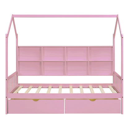 Wooden Twin Size House Bed with 2 Drawers,Kids Bed with Storage Shelf, Pink