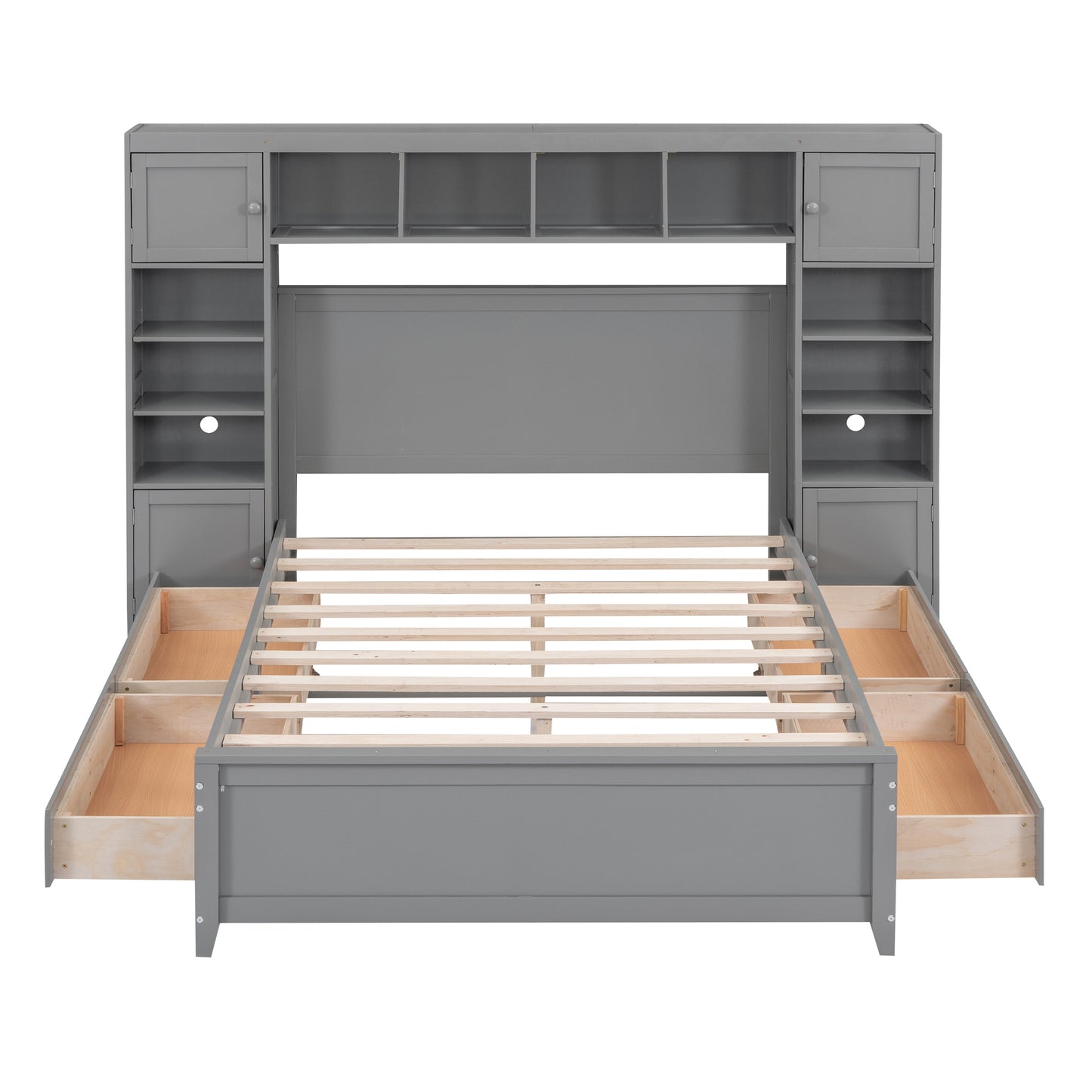 Full Size Wooden Bed With All-in-One Cabinet and Shelf, Gray