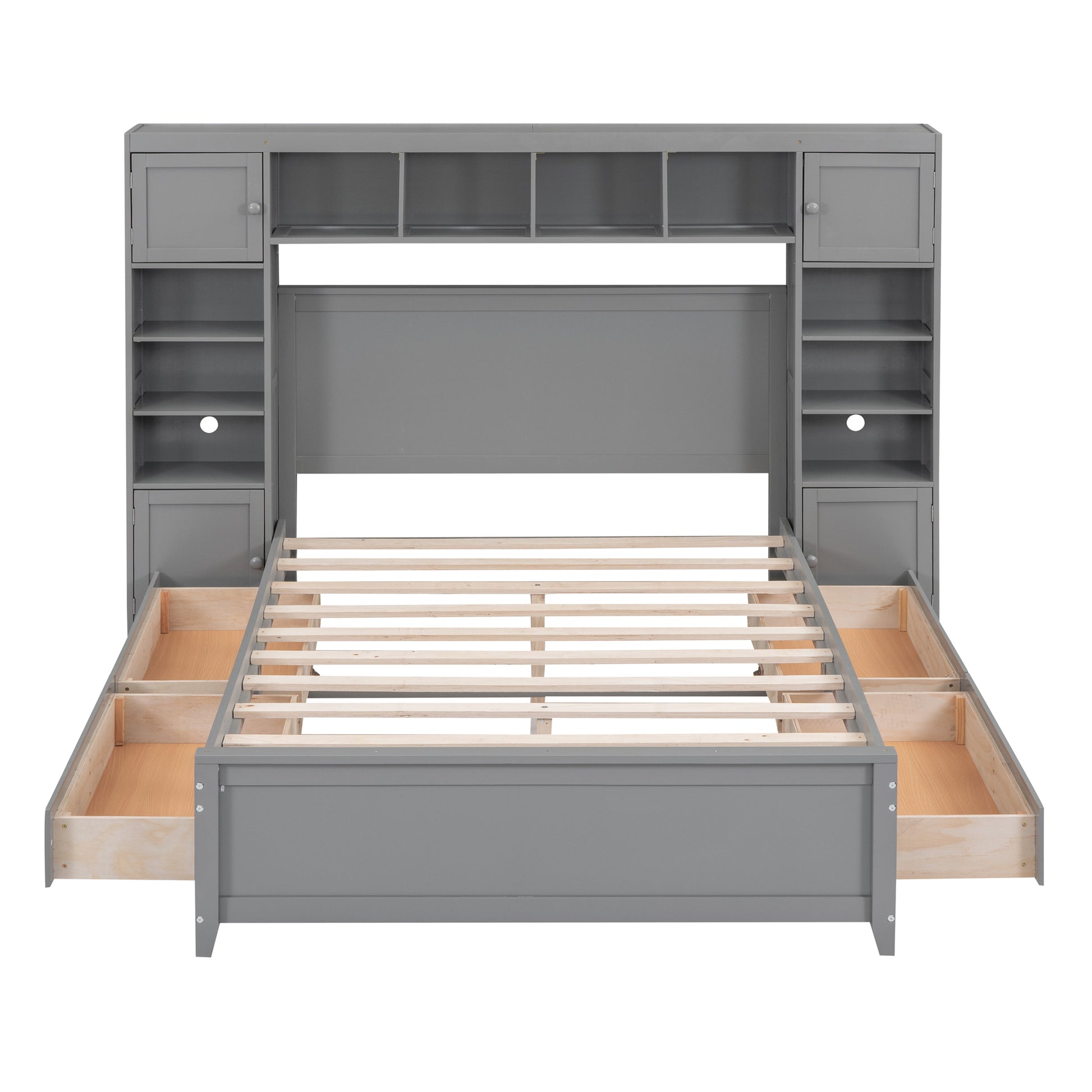 Full Size Wooden Bed With All-in-One Cabinet and Shelf, Gray