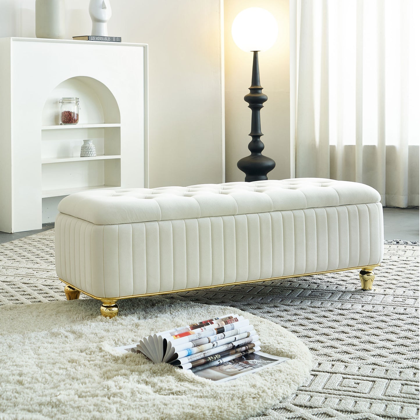 47.24''W Storage Ottoman,Upholstered Velvet Fabric Storage Ottoman with Safety Hinge, gold decoration strip and gold embroidery Footstool, Ottoman Bench for Living Room & Bedroom,Beige Color