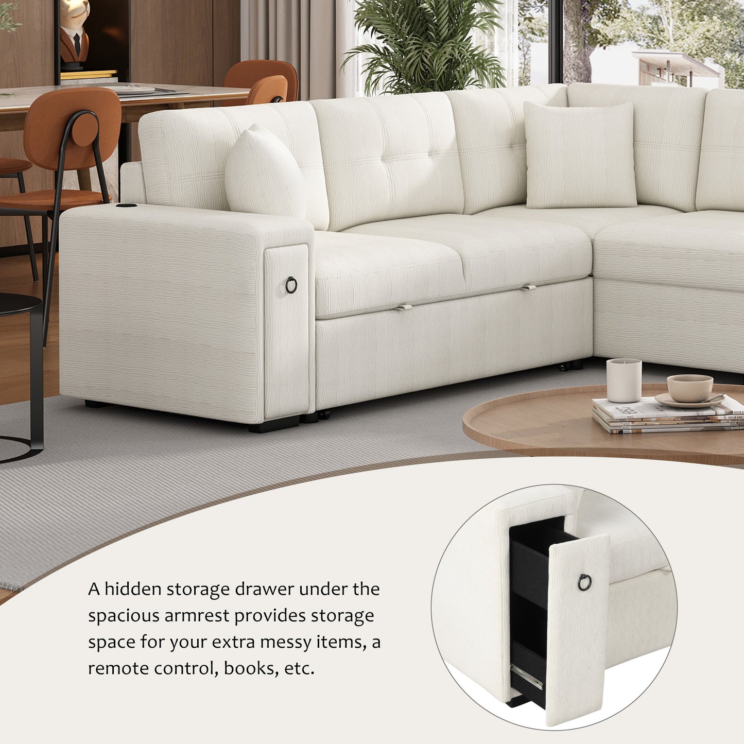 86.6" Sectional Sofa L-shaped Sofa Couch Pull-out Sofa Bed with a Movable Ottoman, Two USB Ports  and Two Cup Holders for Living Room, Beige