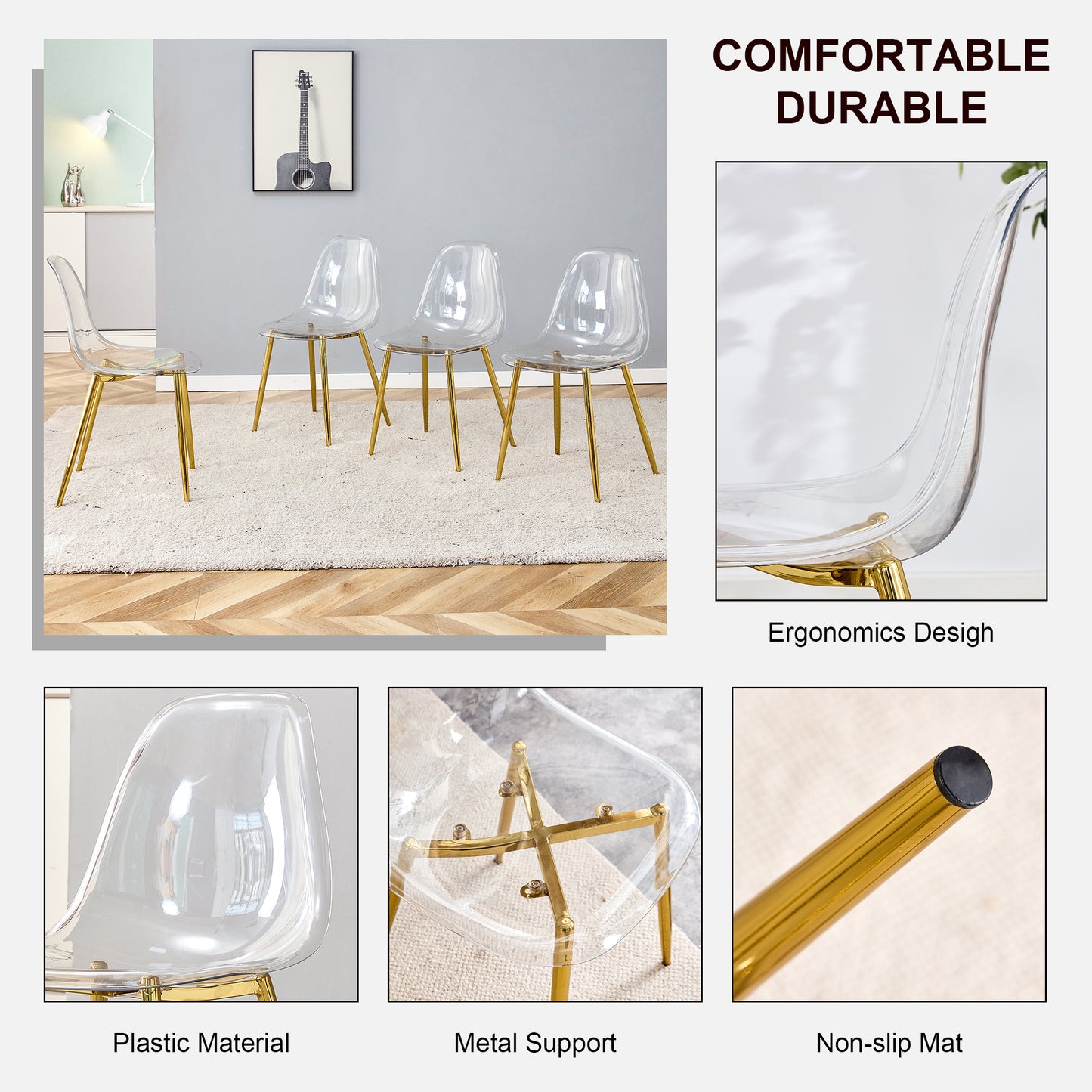 Table and chair set.Modern Luxurious Round Tempered Glass Dining Table Set-40*40 inch with 6 Transparent Plastic Dining Chair with Gold Metal Legs.Bring a comfortable home experience to the kitchen.