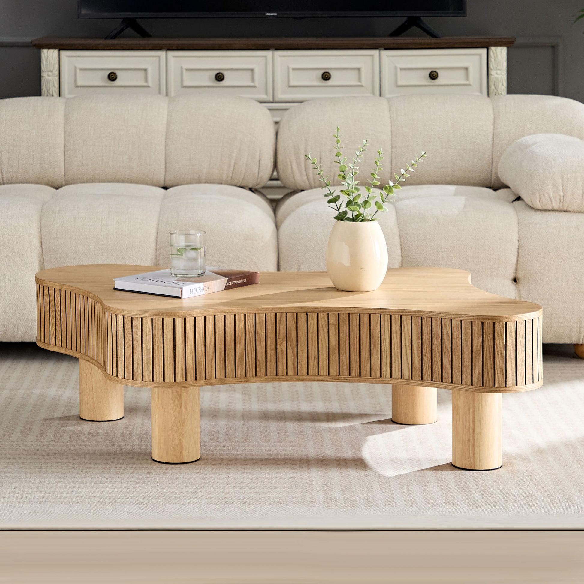 42.52 Inch Modern Wooden Handcraft Drum Coffee Table Irregular Shaped Coffee Table for Living Room,Small Coffee Table with Sturdy Pedestal,Natural Color