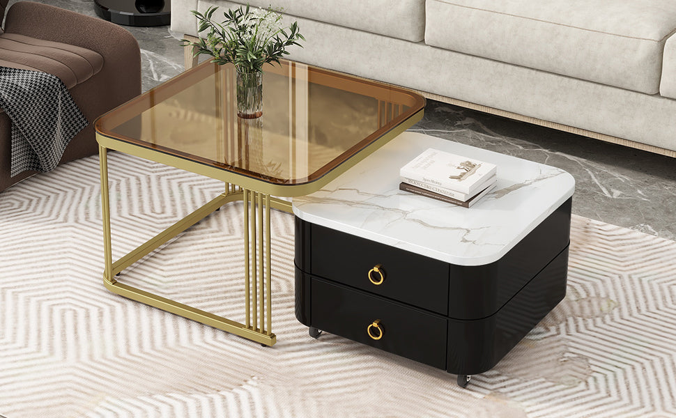 ON-TREND 2-in-1 Square Nesting Coffee Table with Wheels & Drawers, Stackable Side Table with High Gloss Marble Grain Top, End Table Set with Brown Tempered Glass for Living Room, Black