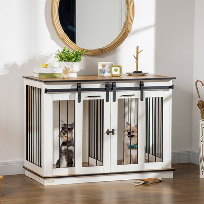 PawHut Dog Crate Furniture with Divider, Dog Crate End Table for Small to Large Dogs, Large Indoor Dog Kennel with Double Doors, 47"W x 23.5"D x 35"H, White