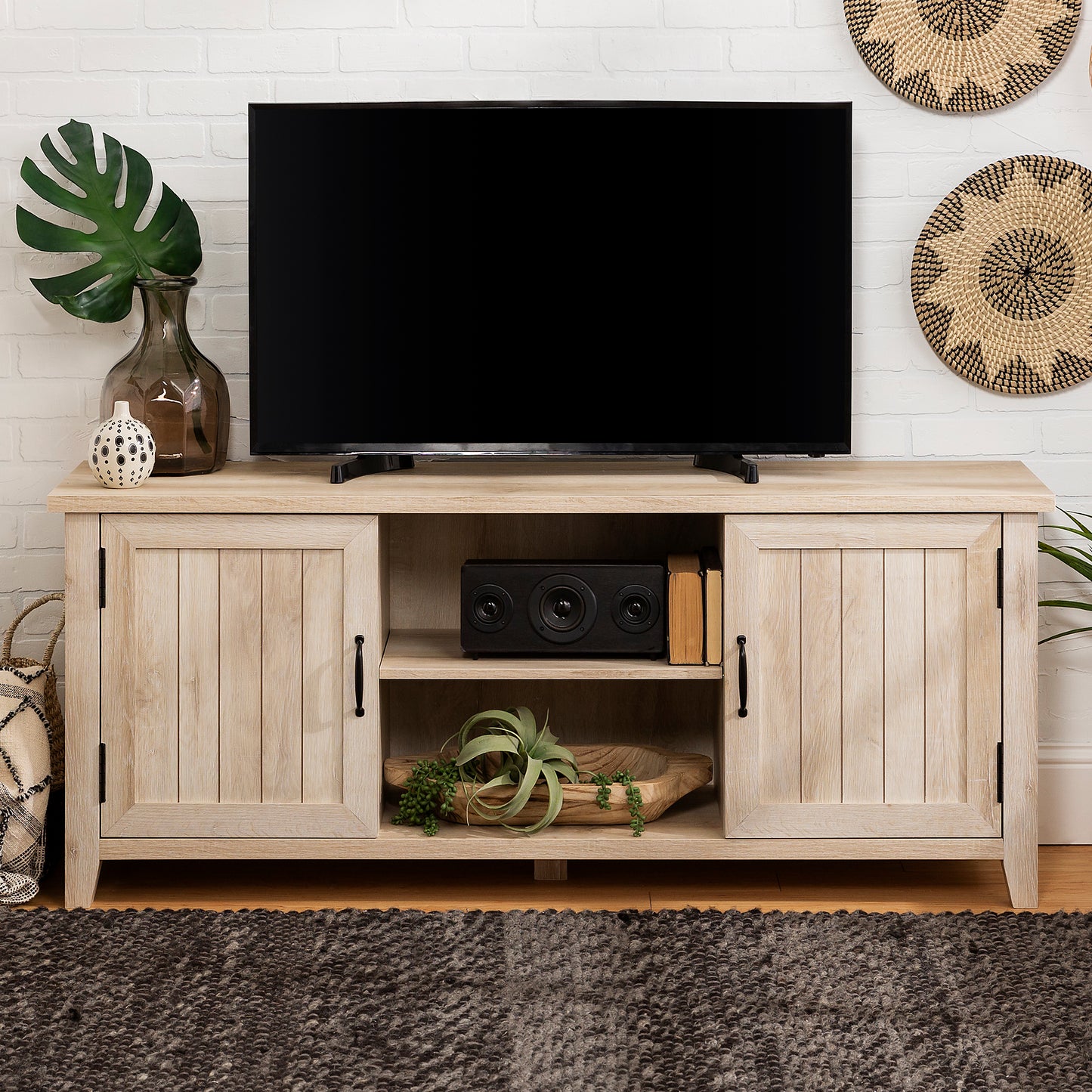 Classic Grooved-Door TV Stand for TVs up to 65" - White Oak