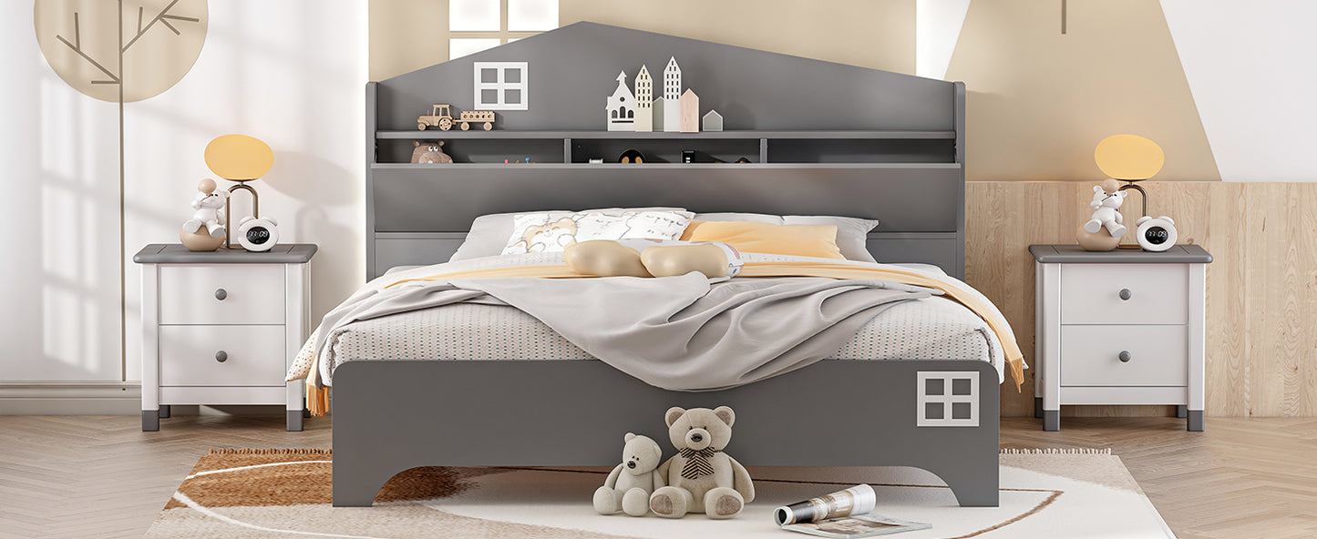 Wooden Full Size House Bed with Storage Headboard ,Kids Bed with Storage Shelf,Grey