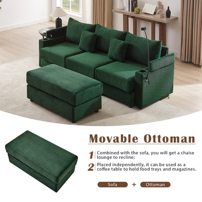 95.3" Modern Style 3-Seater Sofa Sectional Sofa Couch with Storage Space, A Movable Ottoman, Two USB Ports, Two Cup Holders, A Phone Holder for Living Room, Green