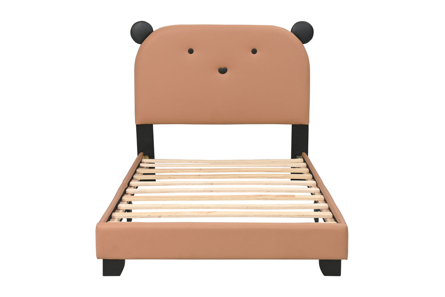 Upholstered Twin Size Platform Bed for Kids, with Slatted Bed Base, No Box Spring Needed, Brown color, Bear Design