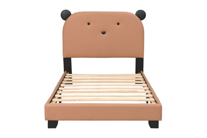 Upholstered Twin Size Platform Bed for Kids, with Slatted Bed Base, No Box Spring Needed, Brown color, Bear Design