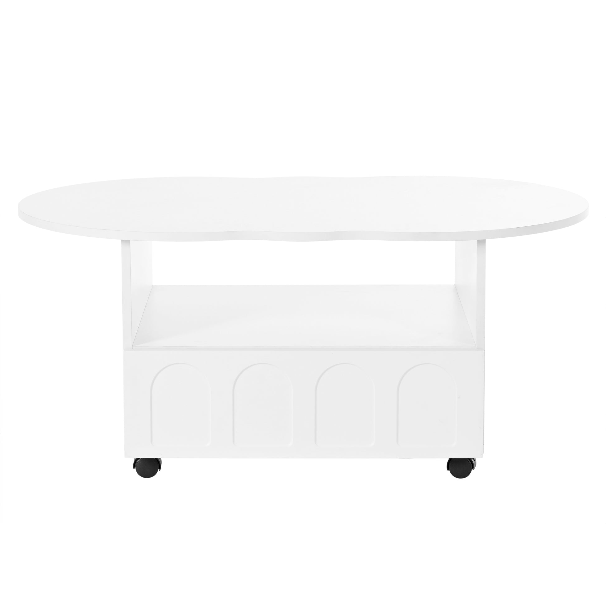 ON-TREND Flexible Cream Style Coffee Table with 2 Brake Wheels, Cloud Top Side Table with Drawer, Irregular Center Table with Large Storage for Living Room, White, 39.37''x 23.6''