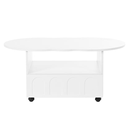 ON-TREND Flexible Cream Style Coffee Table with 2 Brake Wheels, Cloud Top Side Table with Drawer, Irregular Center Table with Large Storage for Living Room, White, 39.37''x 23.6''