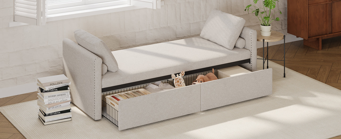 Modern Upholstered Chaise Lounger Daybed Small Single Daybed with 2 Drawers, No Mattress Needed, Perfect For Living Rooms & Home Office, Linen Fabric, Beige