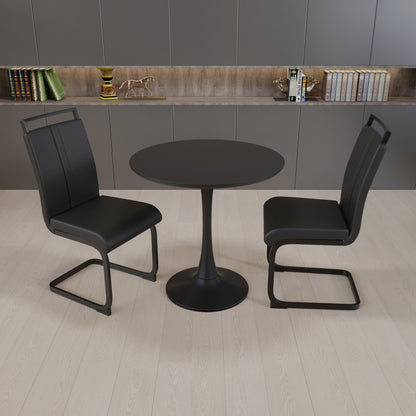 Black circular dining table, 31.5 "tulip dining table, kitchen dining table for 2-4 people, MDF tabletop and base, and 2 black PU black metal leg dining chairs set 2