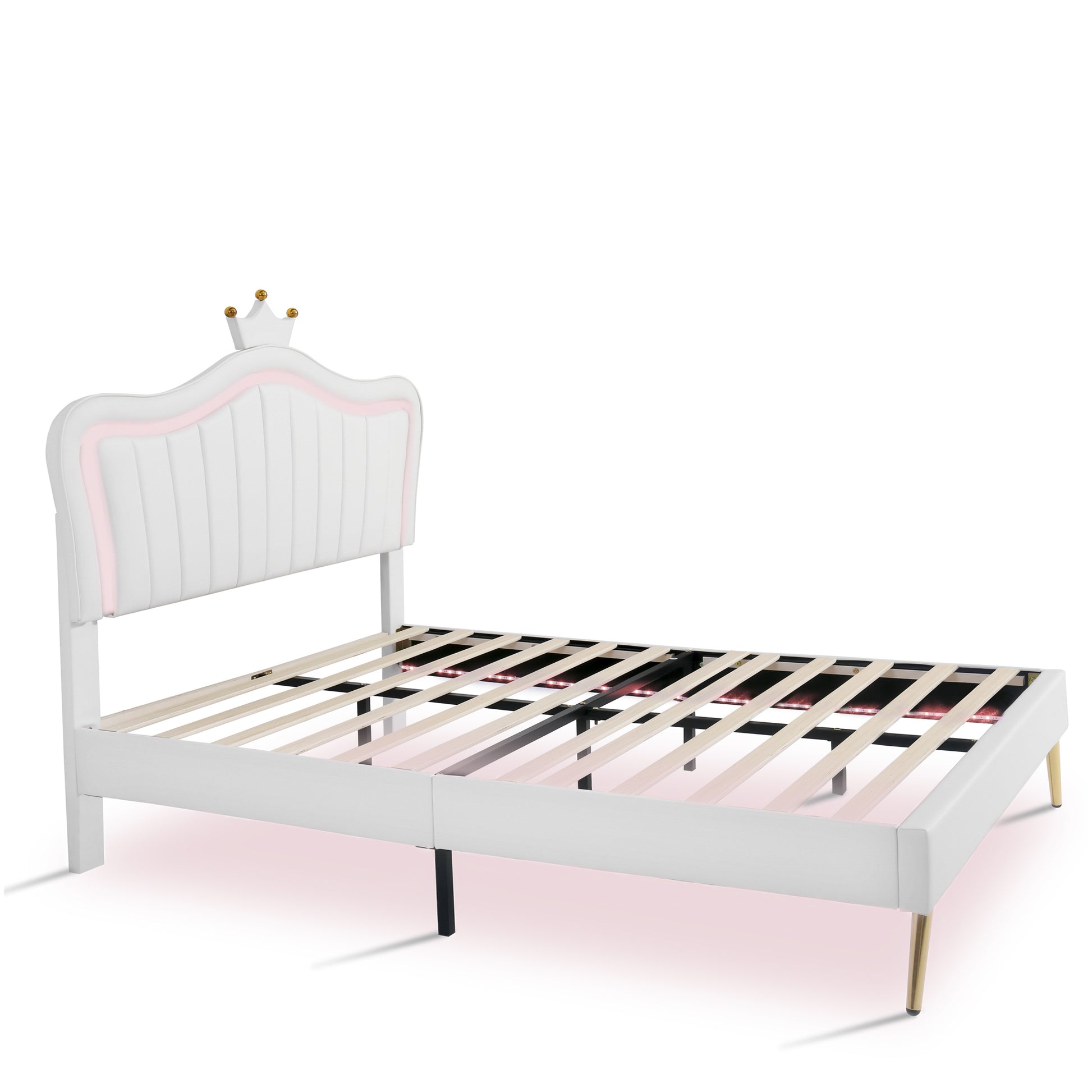 Full Size Upholstered Bed Frame with LED Lights,Modern Upholstered Princess Bed With Crown Headboard,White