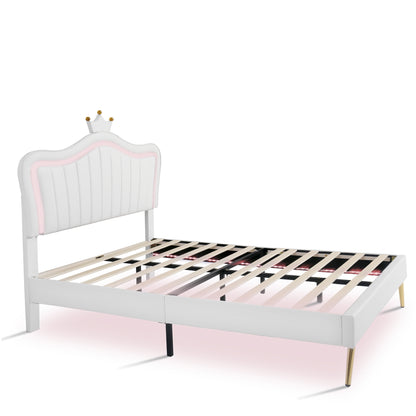 Full Size Upholstered Bed Frame with LED Lights,Modern Upholstered Princess Bed With Crown Headboard,White