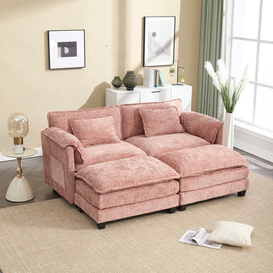 UNITED WE WIN Chenille fabric, solid construction, the overall structure of the sofa is stable, detachable armrests, two foot stools and two-seat sofa with side pockets