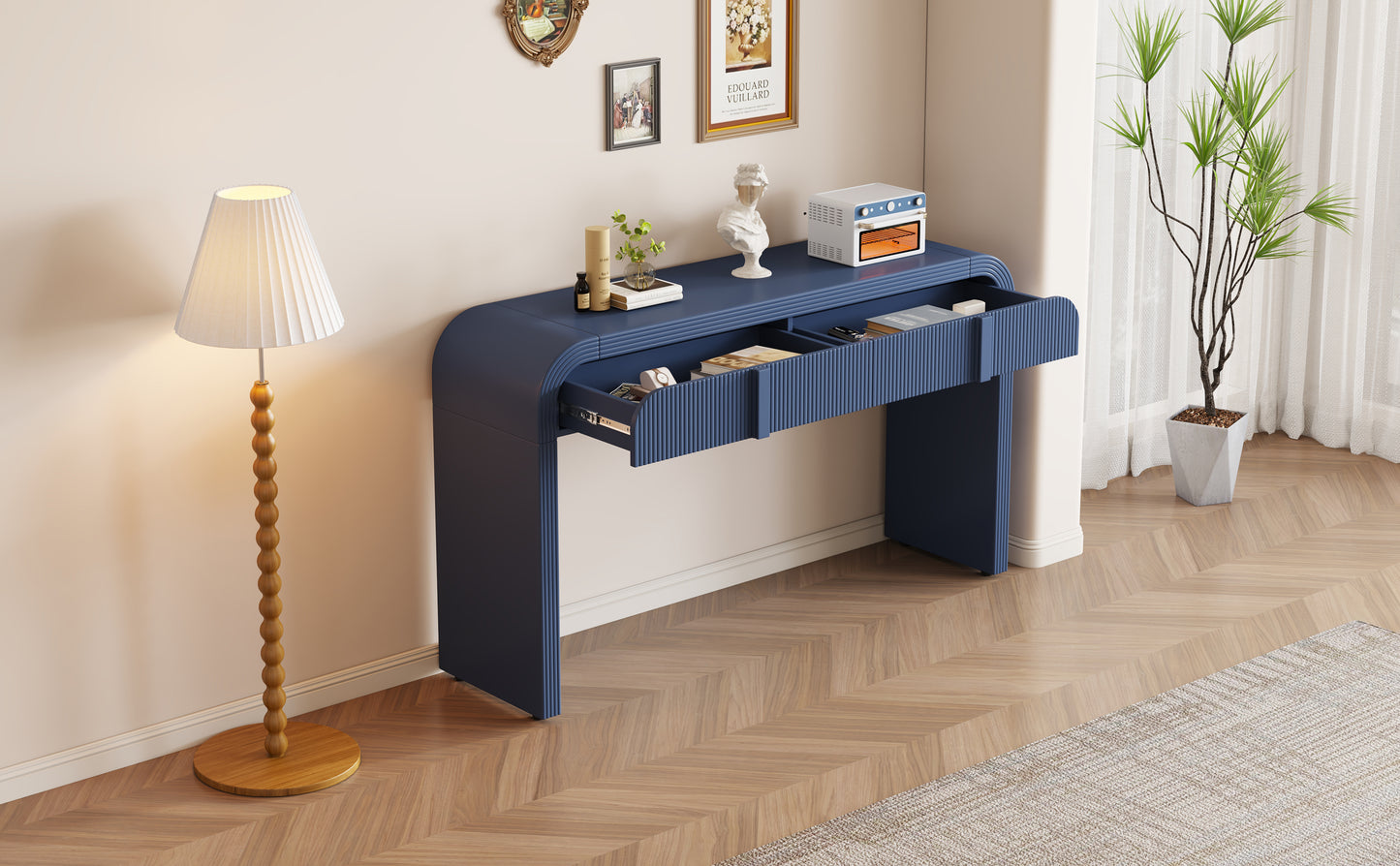 TREXM Unique Modern Rounded Silhouette and Smooth Surface Console Table with 2 Drawers for Living Room and Entryway(Navy Blue)