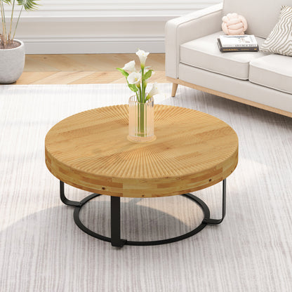 Modern Round Coffee Table Wooden Carving Pattern Coffee Table with Metal Legs for Living Room Reception Room Office ,Black