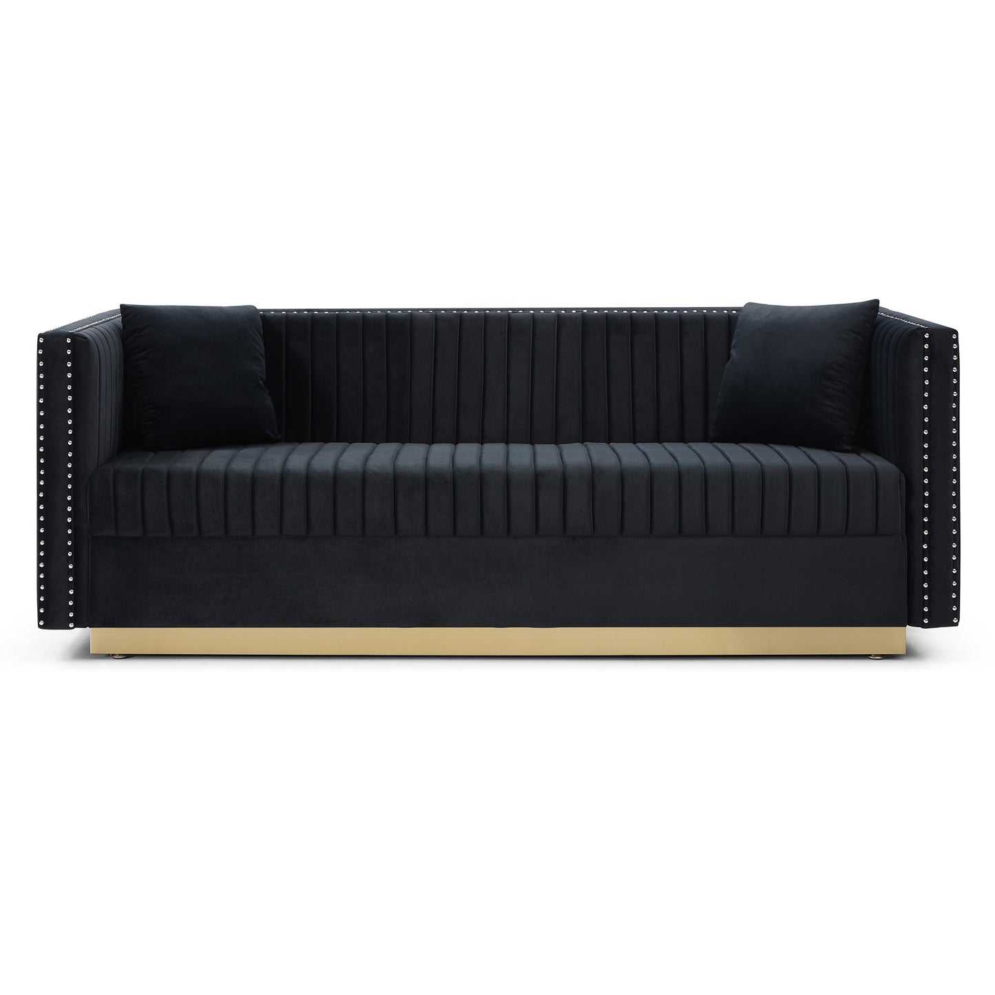 Contemporary Vertical Channel Tufted Velvet Sofa  Modern Upholstered Couch for Living Room Apartment with 2 pillows,Black