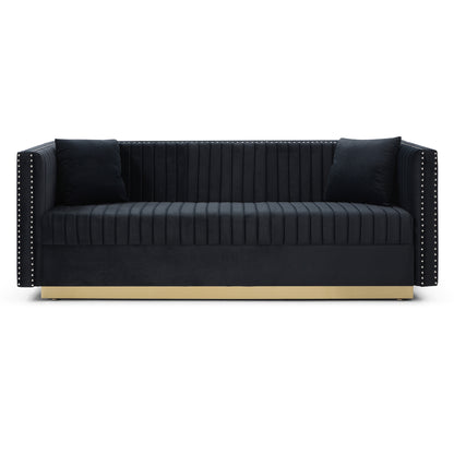 Contemporary Vertical Channel Tufted Velvet Sofa  Modern Upholstered Couch for Living Room Apartment with 2 pillows,Black