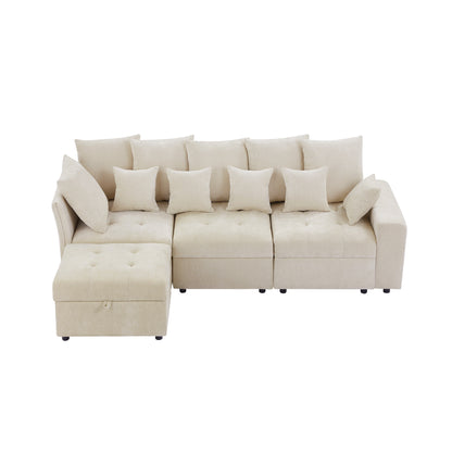 96.45"Sectional sofa Modular Sofa Couch with Three USB Ports, a Removable Storage Ottoman and Five Back Pillows for Living Room, Beige