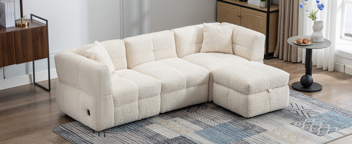 87.7" Sectional Sofa Cozy Teddy Fleece Fabric Sectional Sofa Couch with Two USB Ports a Movable Storage Ottoman and Two Lumbar Pillows for Living Room, Creamy White