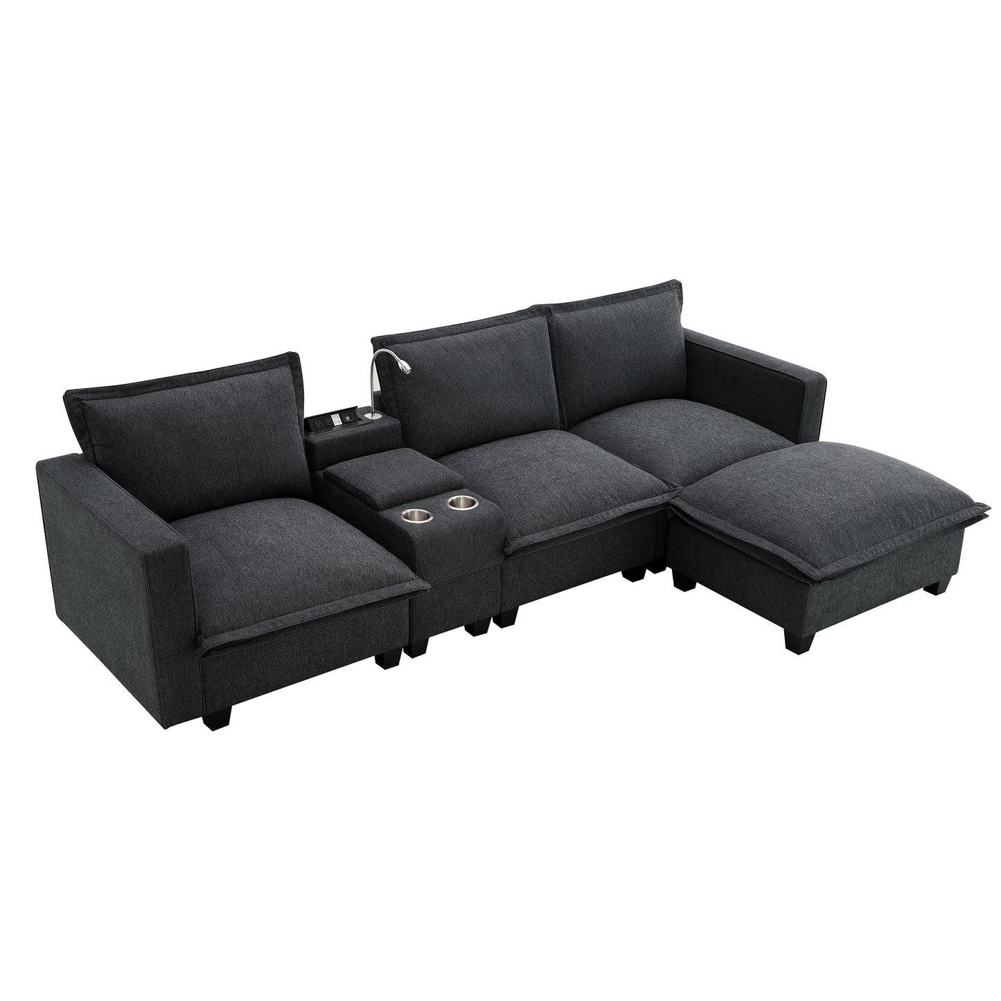 [VIDEO provided][New]109*57"Modern Sectional Cloud Sofa with Console,USB Charging Port,Reading Light,Cup Holder,4 Seat Chenille Modular Couch,Storable Indoor Funiture for Living Room,Apartment,2 Color