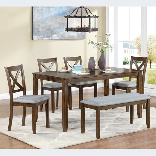 6 Piece Kitchen Dining Set, Rectangular Wooden Dining Table with 4 Upholstered Chairs and a Bench, Dining Table Set for 6 People, Living Room, Home Bar and Kitchen, Walnut