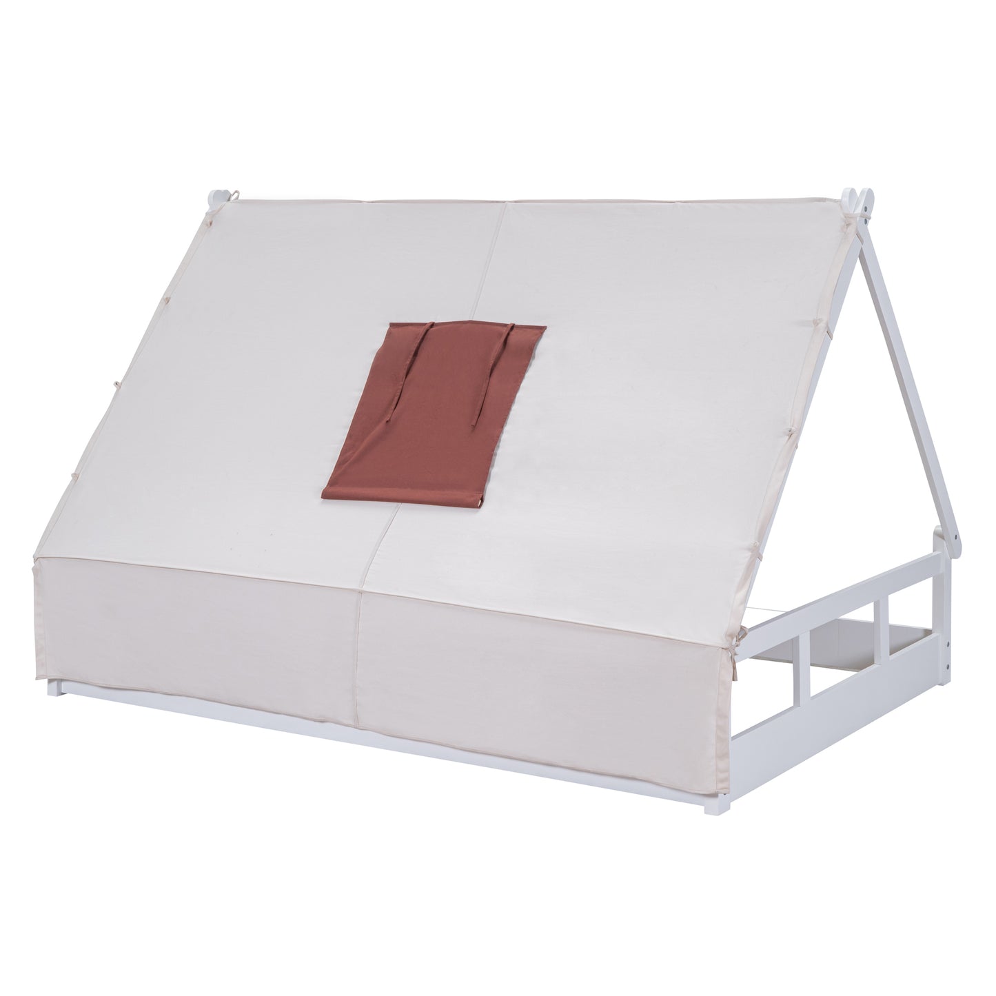 Wooden Full Size Tent Bed with Fabric for Kids,Platform Bed with Fence and Roof, White+Brown