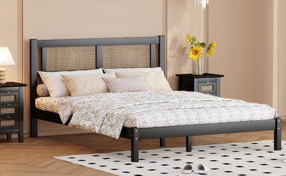 Full Size Wooden Platform Bed with Natural Rattan Headboard, Exquisite Elegance with Minimalist Charm for Bedroom, Black