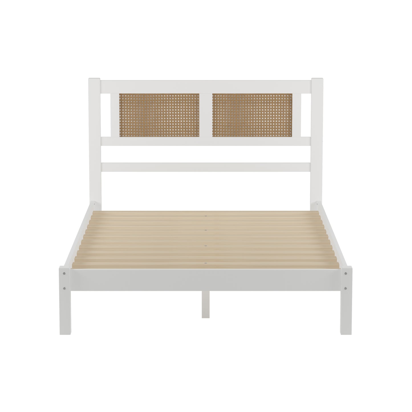 Full Size Wooden Platform Bed with Natural Rattan Headboard, Exquisite Elegance with Minimalist Charm for Bedroom, White