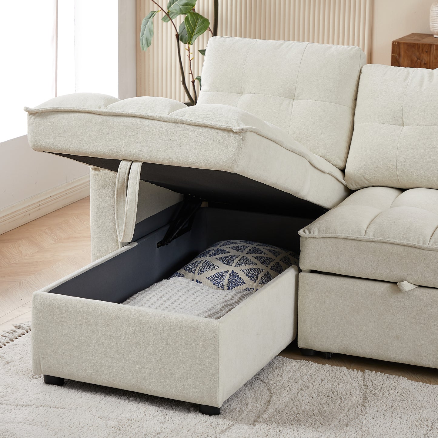 MH 78.75" Reclining Sofa, Pull-Out Sofa Bed with USB and tape-c charging ports, L-Shaped Sectional Sofa with Reclining Storage and Arm Side Organizer Pocket Features, Living Room Comfort Sofa